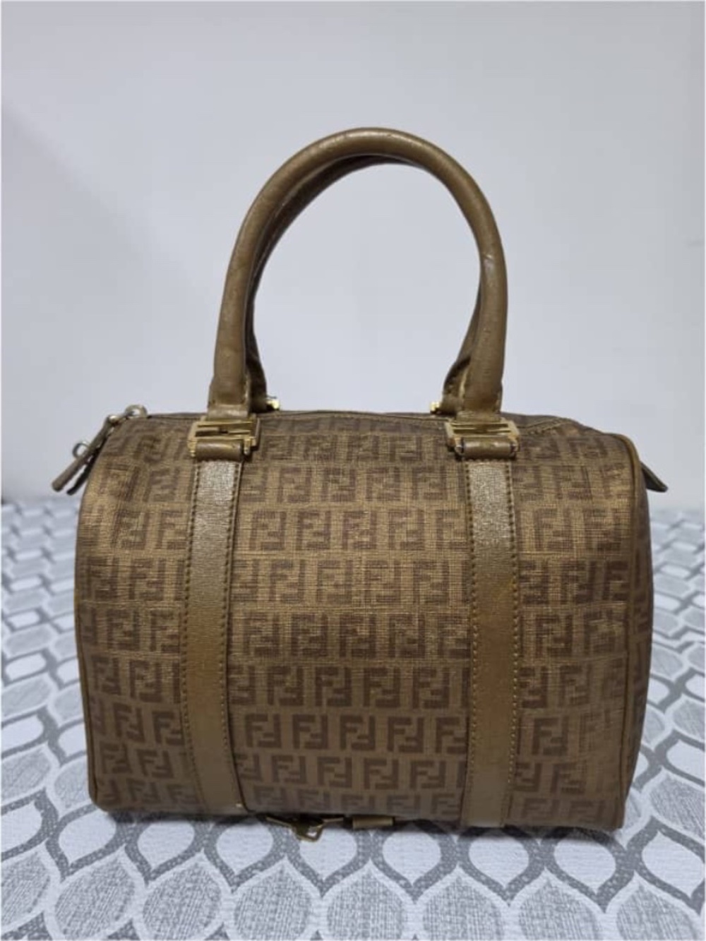 Authentic FENDI Iridescent Zucchino Canvas Boston Bag Gold